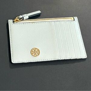 Tory Burch Light Blue Card Holder with Gold Accents